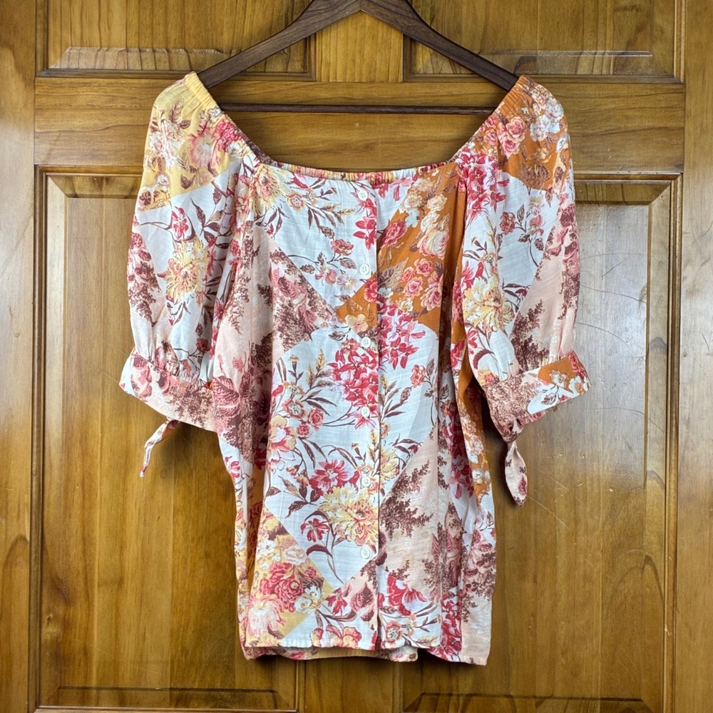 LC Lauren Conrad Patchwork Floral Button Front Top Sz M Boho Cottagecore M